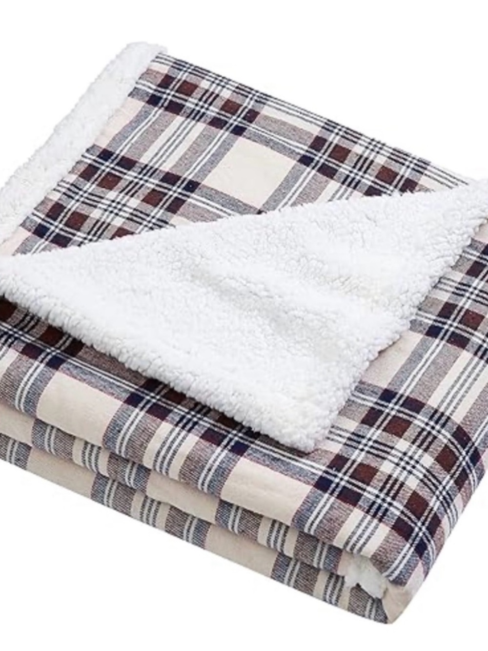 Eddie Bauer Cream and Brown Plaid Sherpa Throw Blanket 50” x 60” NEW